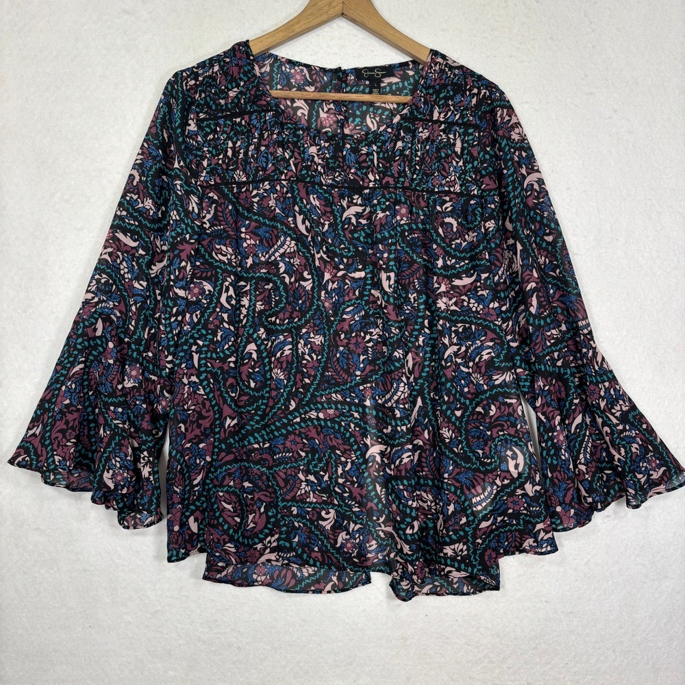 Jessica Simpson Chiffon Blouse Womens L Sheer Bell Sleeve‎ Floral Boho Romantic